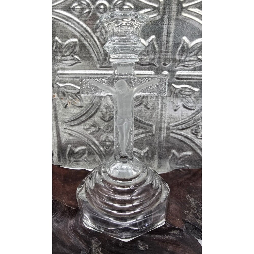 Glass Christ Jesus Catholic Crucifix Cross Candlestick Candle Holder Easter